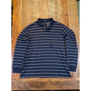 Lands End Mens Long Sleeve Striped Polo Shirt Navy White Casual Golf Size L